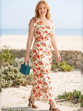 Chelsea28 One Shoulder Slip On Floral Maxi Dress Cream Red Berries Side Slit Lrg